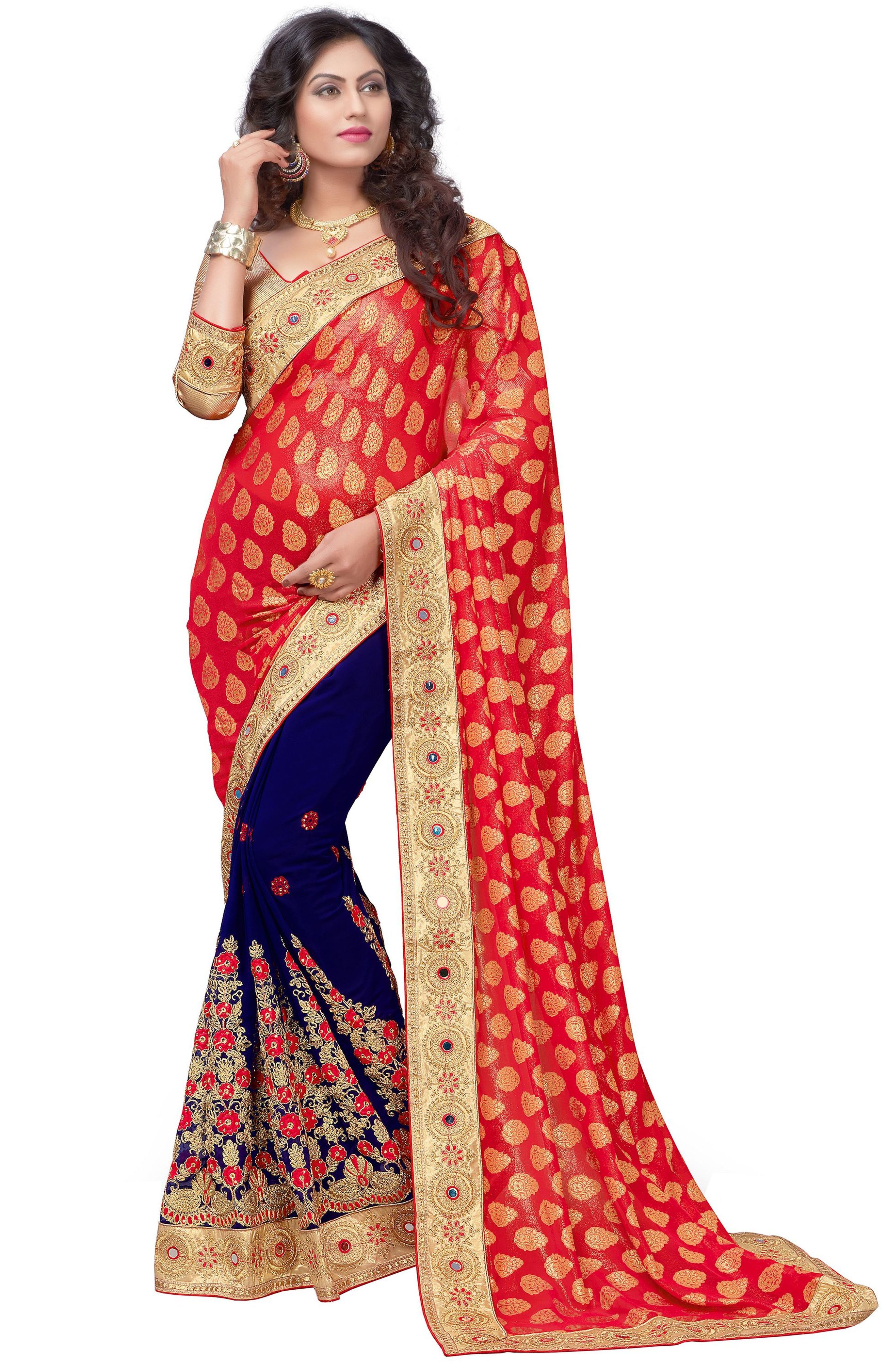 Green Brasso & Georgette Mirror Embroidery Work Saree