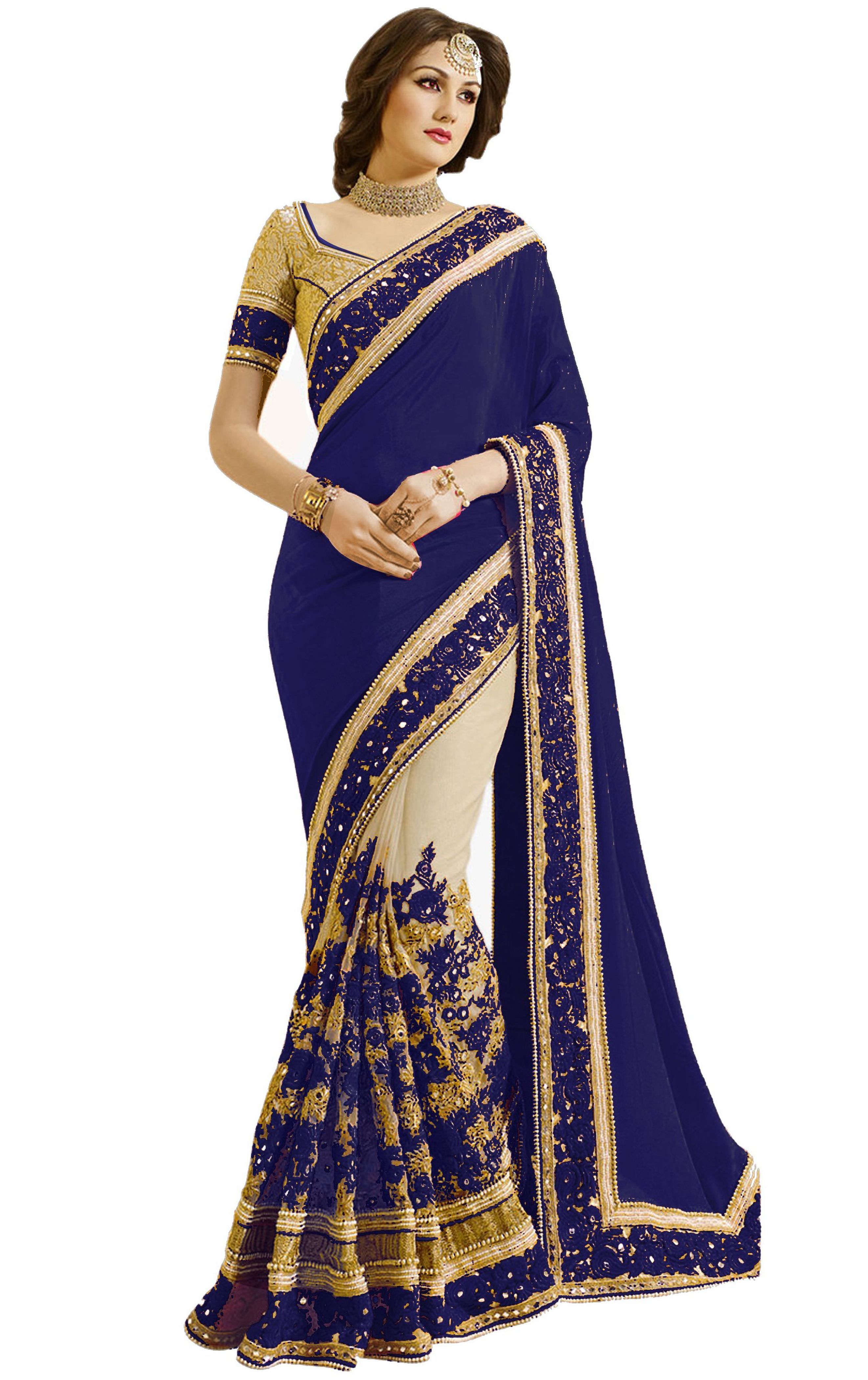 Blue Satin & Net Paisley Design Mirror Embroidery Work Saree
