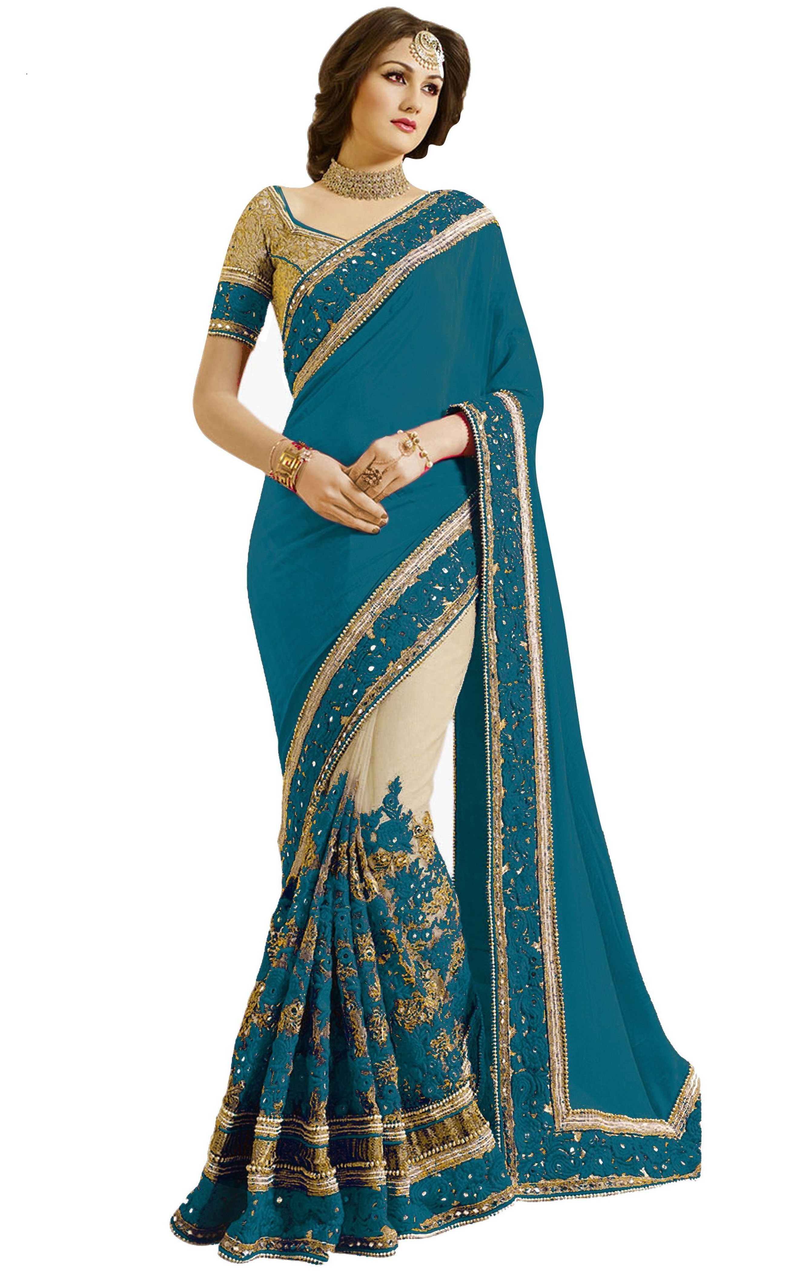 Blue Satin & Net Paisley Design Mirror Embroidery Work Saree