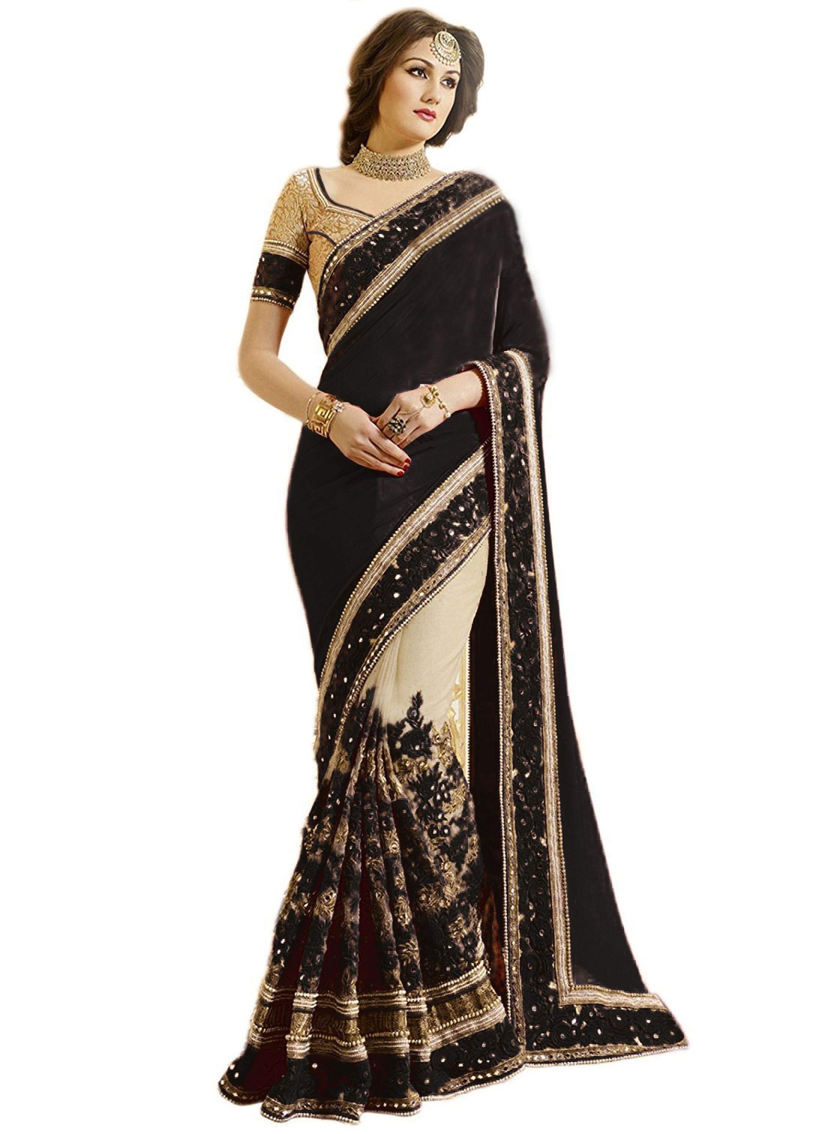 Blue Satin & Net Paisley Design Mirror Embroidery Work Saree