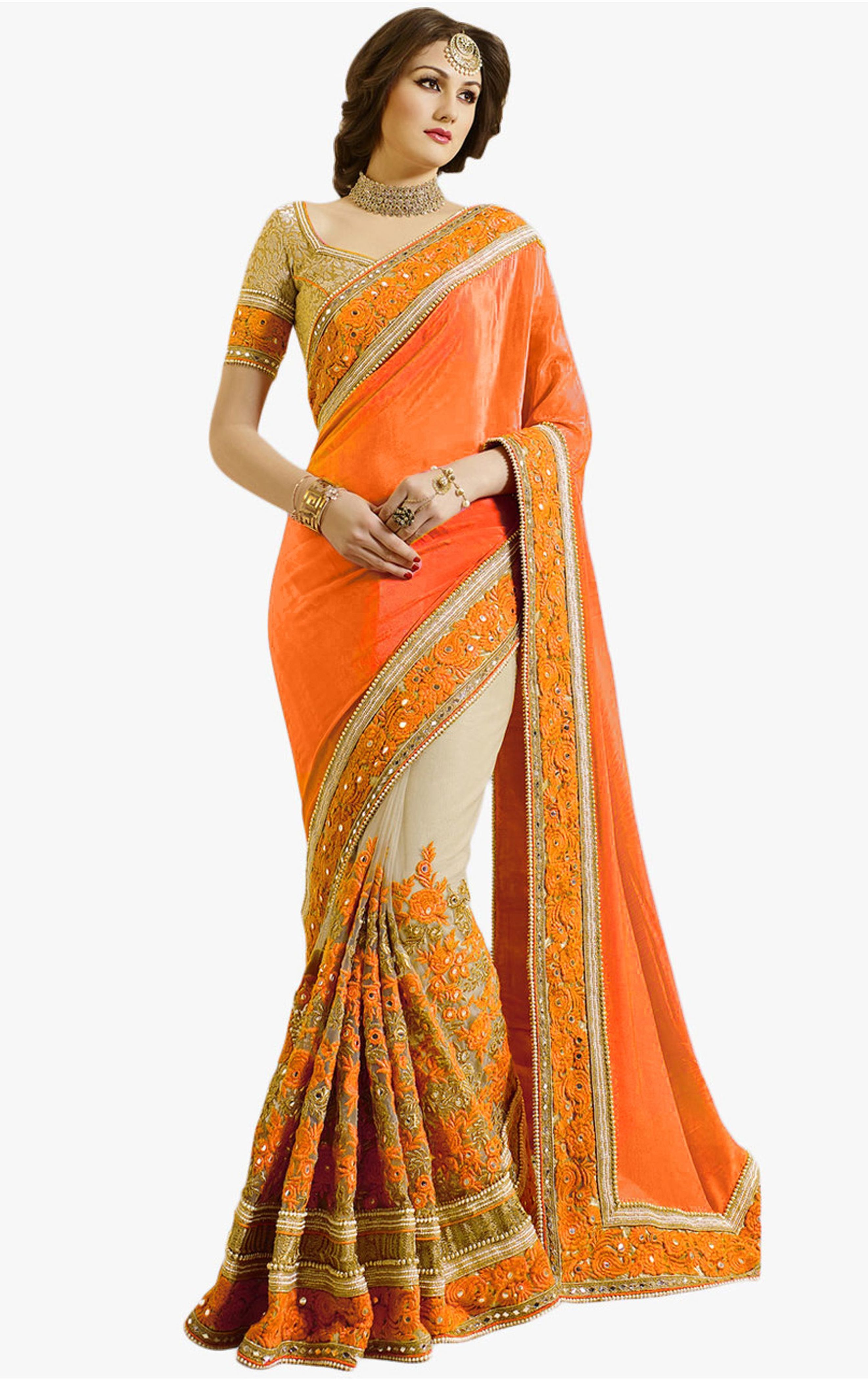 Blue Satin & Net Paisley Design Mirror Embroidery Work Saree