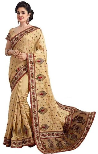 Beige Silk Floral Design Embroidery Work Saree