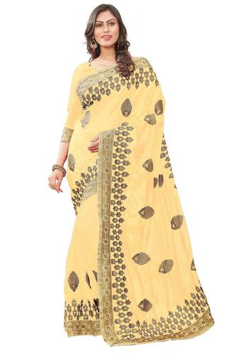 Beige Silk Mirror Embroidery Work Saree