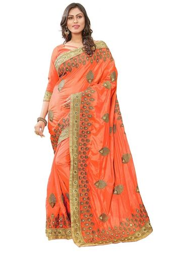 Beige Silk Mirror Embroidery Work Saree