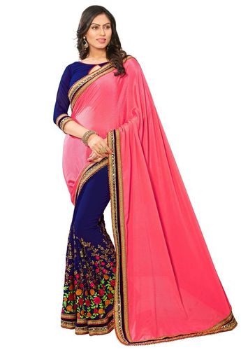 Pink Satin & Georgette Floral Design Embroidery Work Saree