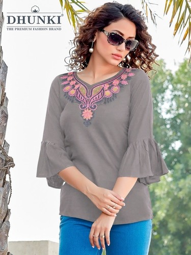 Ladies Top - Rayon Fabric, Length 25-26 Inch, Sizes M(38), XL(42) | Available in 4 Colors, 3/4 Sleeves, Embroidered Pattern