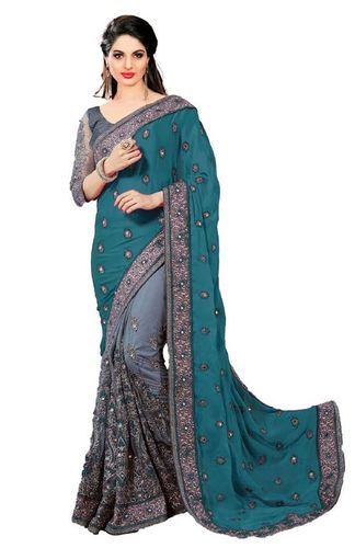 Blue Satin & Net Floral Design Mirror Embroidery Work Saree