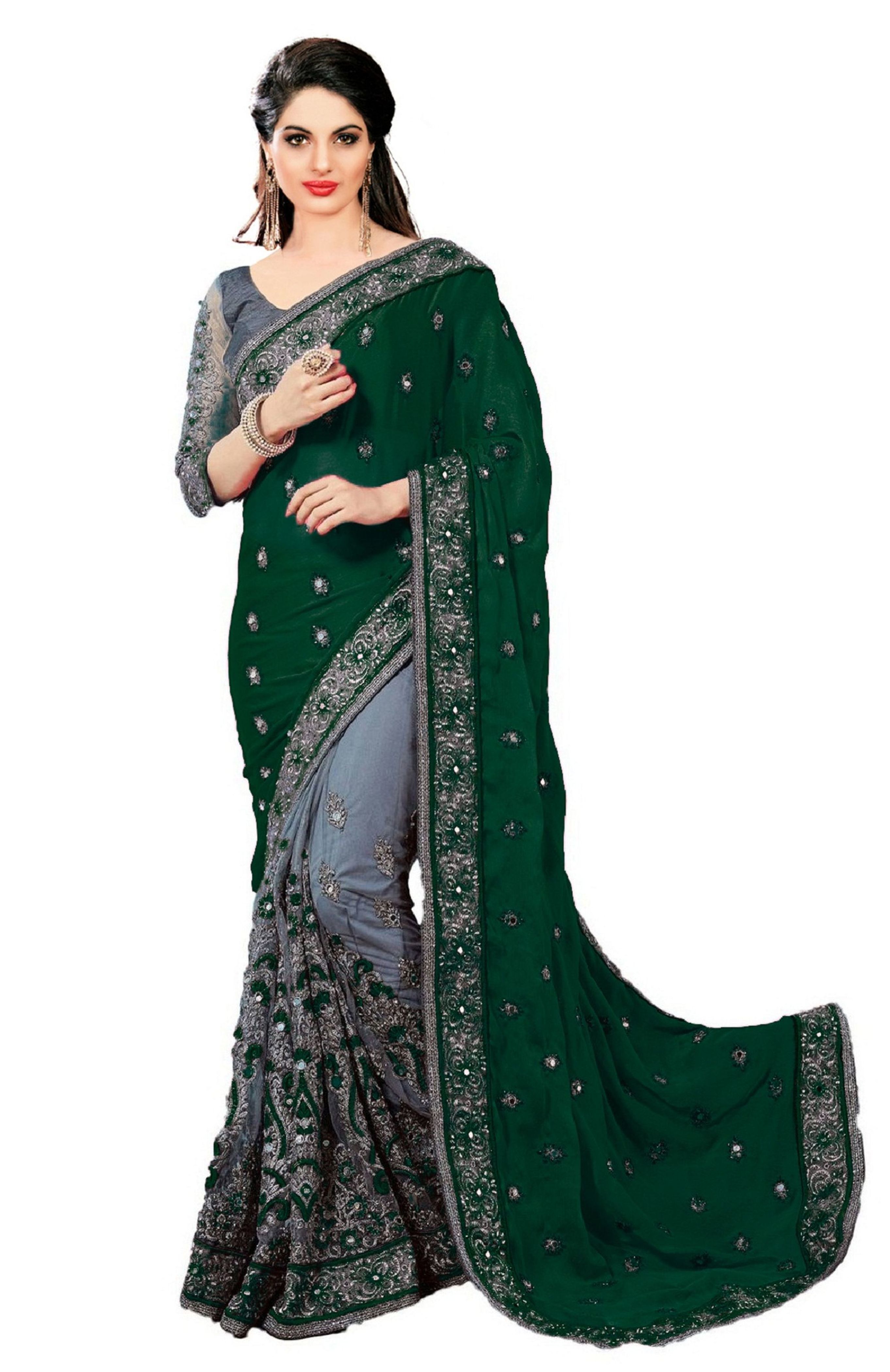 Blue Satin & Net Floral Design Mirror Embroidery Work Saree