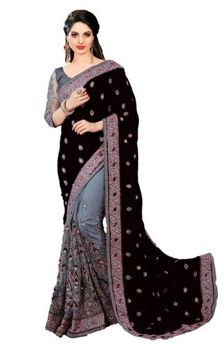 Blue Satin & Net Floral Design Mirror Embroidery Work Saree