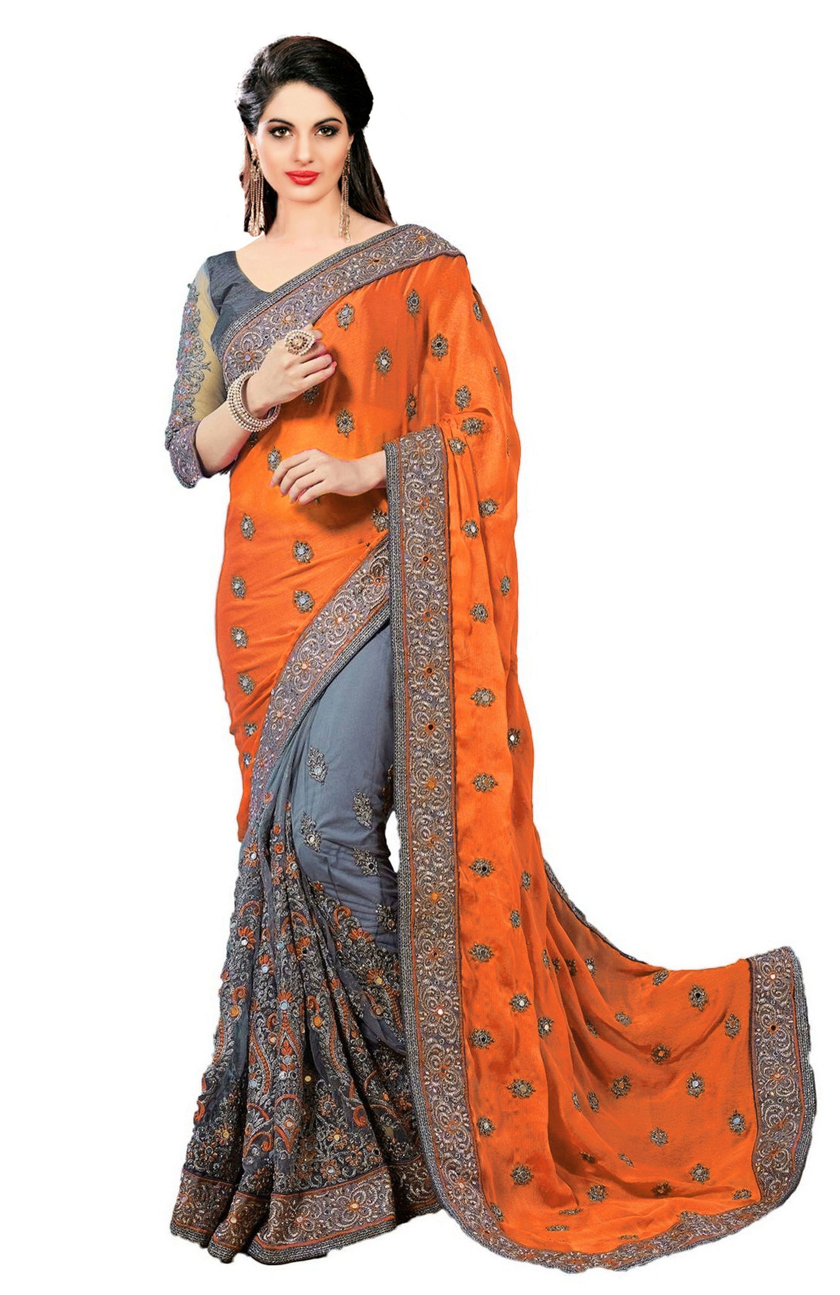 Blue Satin & Net Floral Design Mirror Embroidery Work Saree