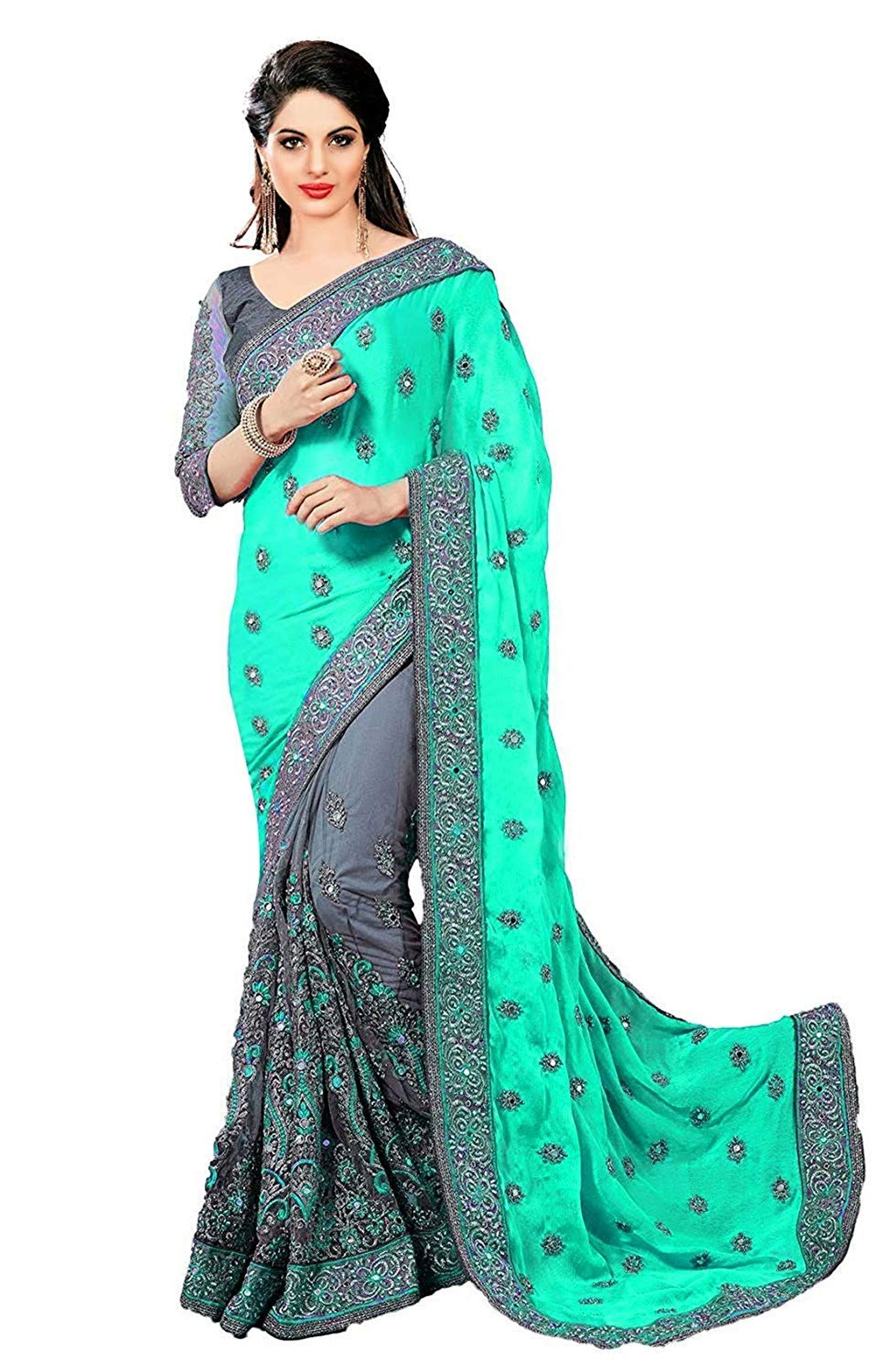 Blue Satin & Net Floral Design Mirror Embroidery Work Saree