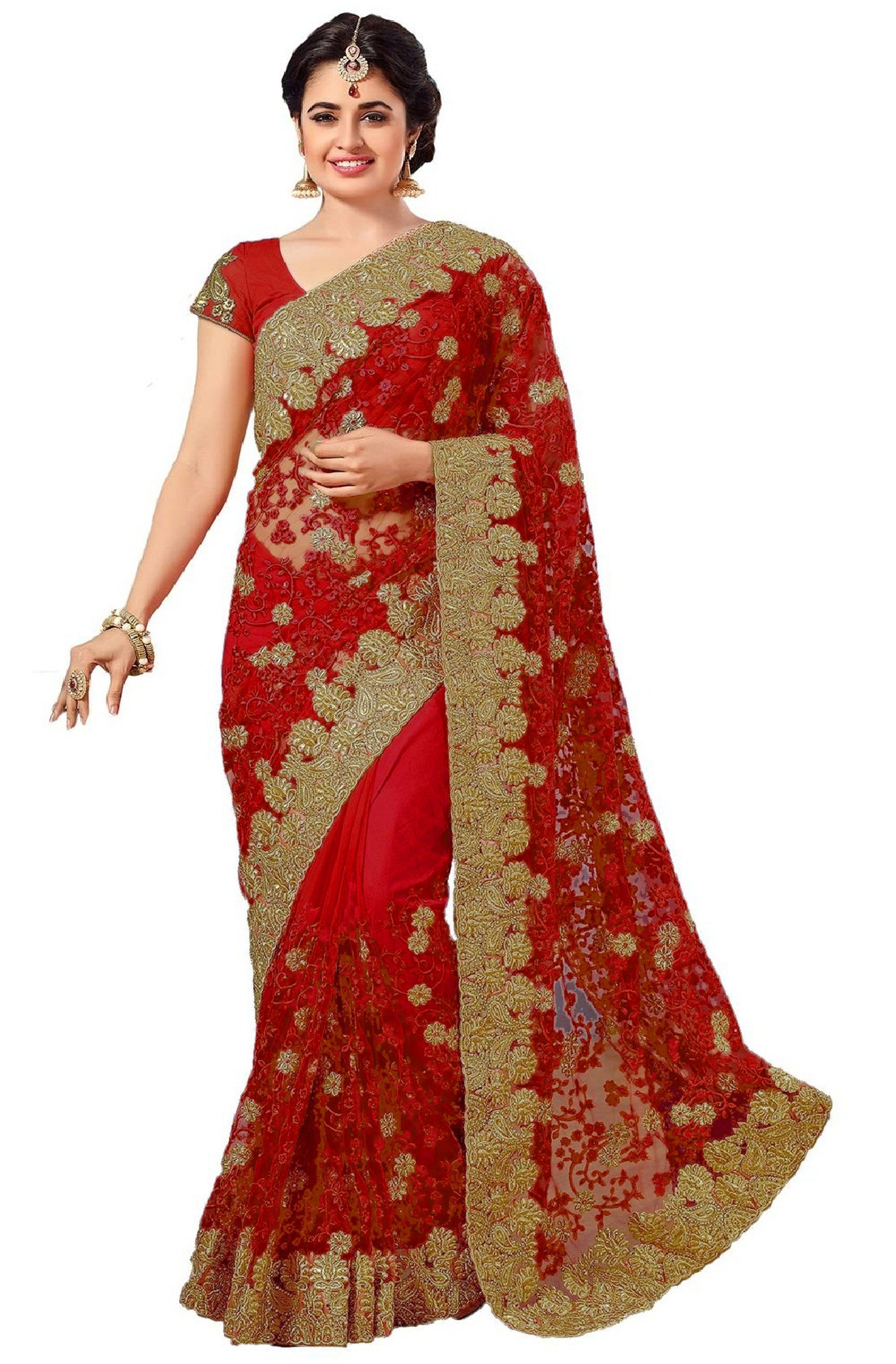 Red Net Heavy Embroidery Stone Work Saree