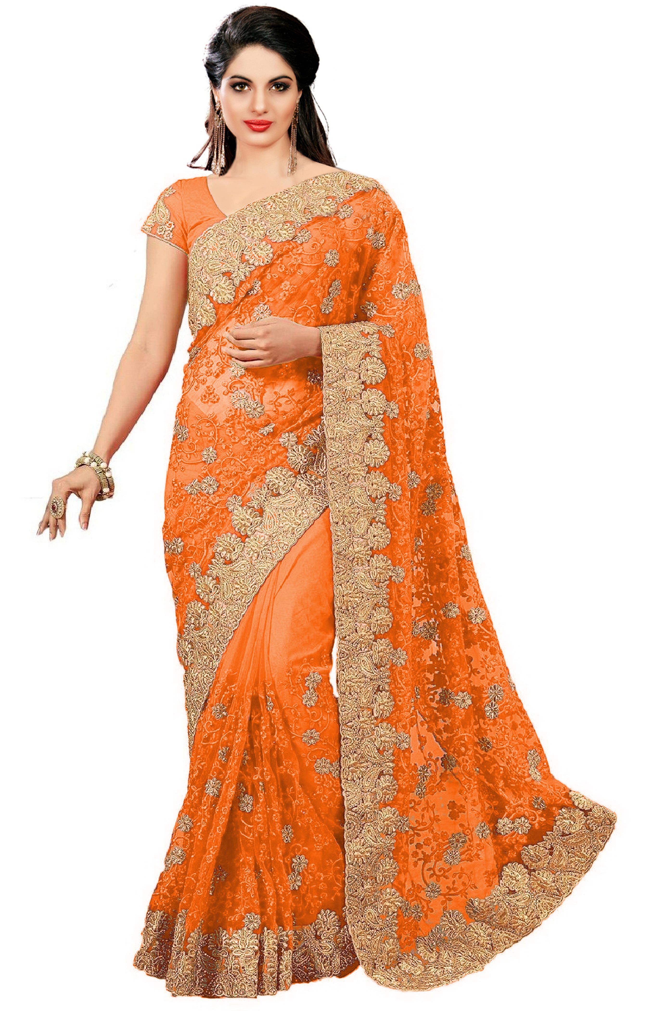 Red Net Heavy Embroidery Stone Work Saree