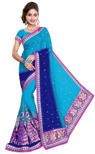 ऑरेंज सैटिन पीकॉक डिज़ाइन मिरर एम्ब्रायडरी वर्क, ओम्ब्रे पैटर्न साड़ी