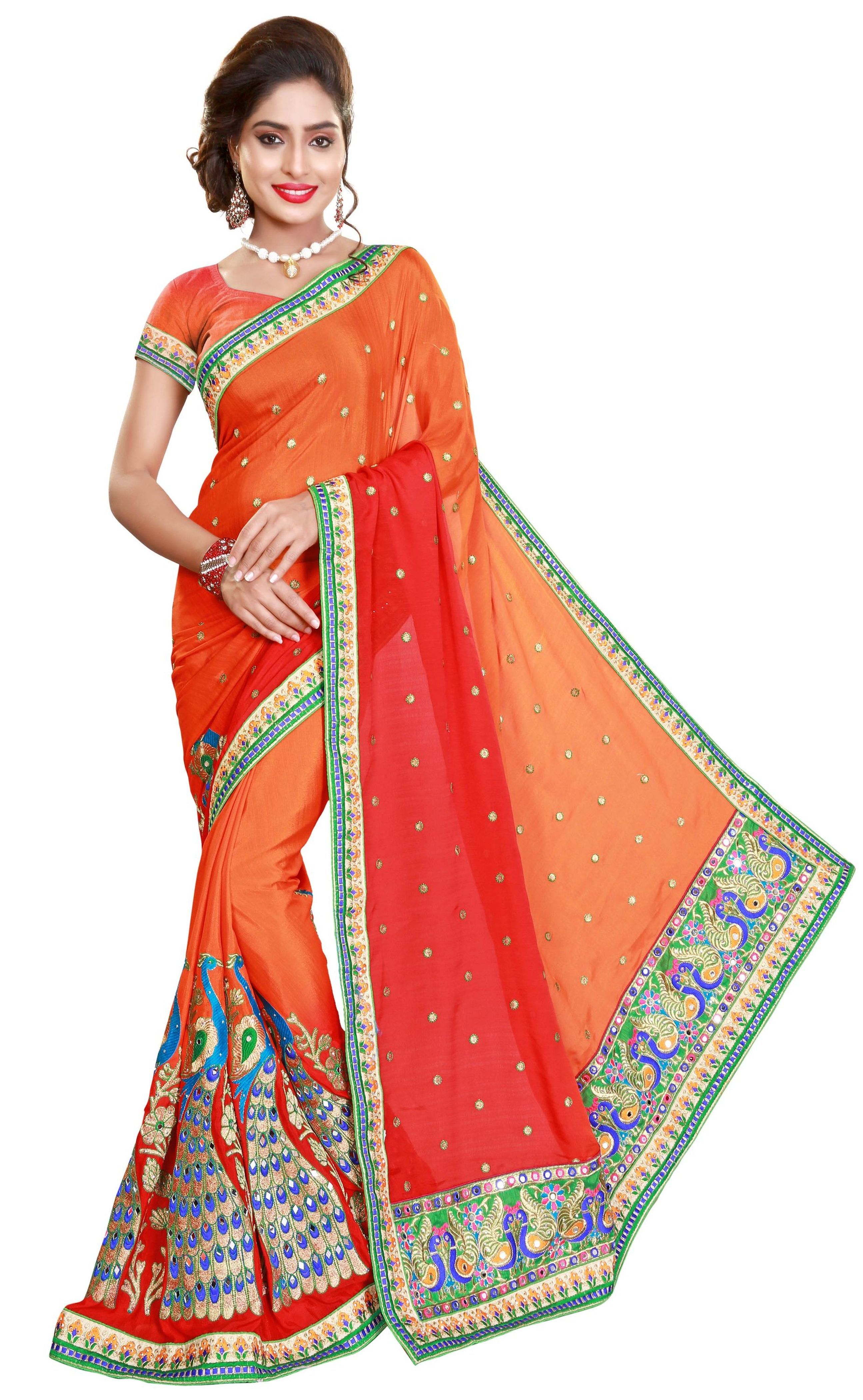 Orange Satin Peacock Design Mirror Embroidery Work, Ombre Pattern Saree