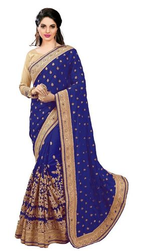 ब्लू सैटिन और नेट हैवी एम्ब्रॉयडरी डिज़ाइन, मिरर वर्क साड़ी