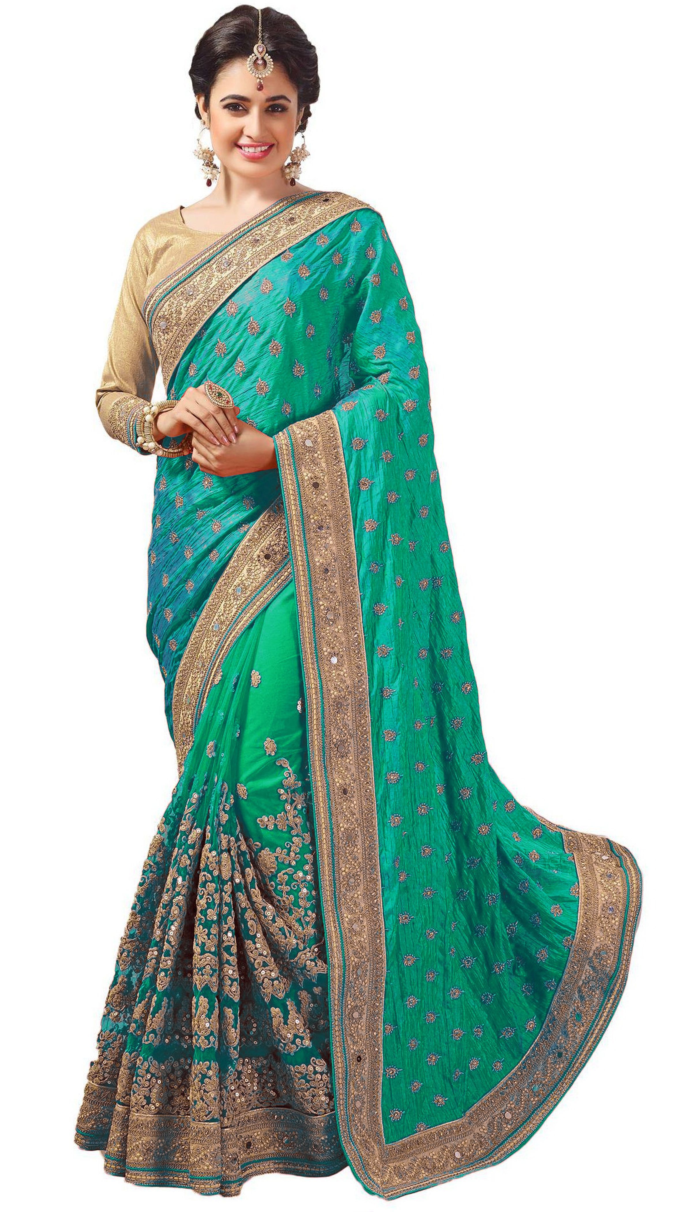 Satin & Net Half & Half Saree - 5.50 Meters With Dupion Silk Blouse Piece, Embroidered Mirror Work For Festive Occasions