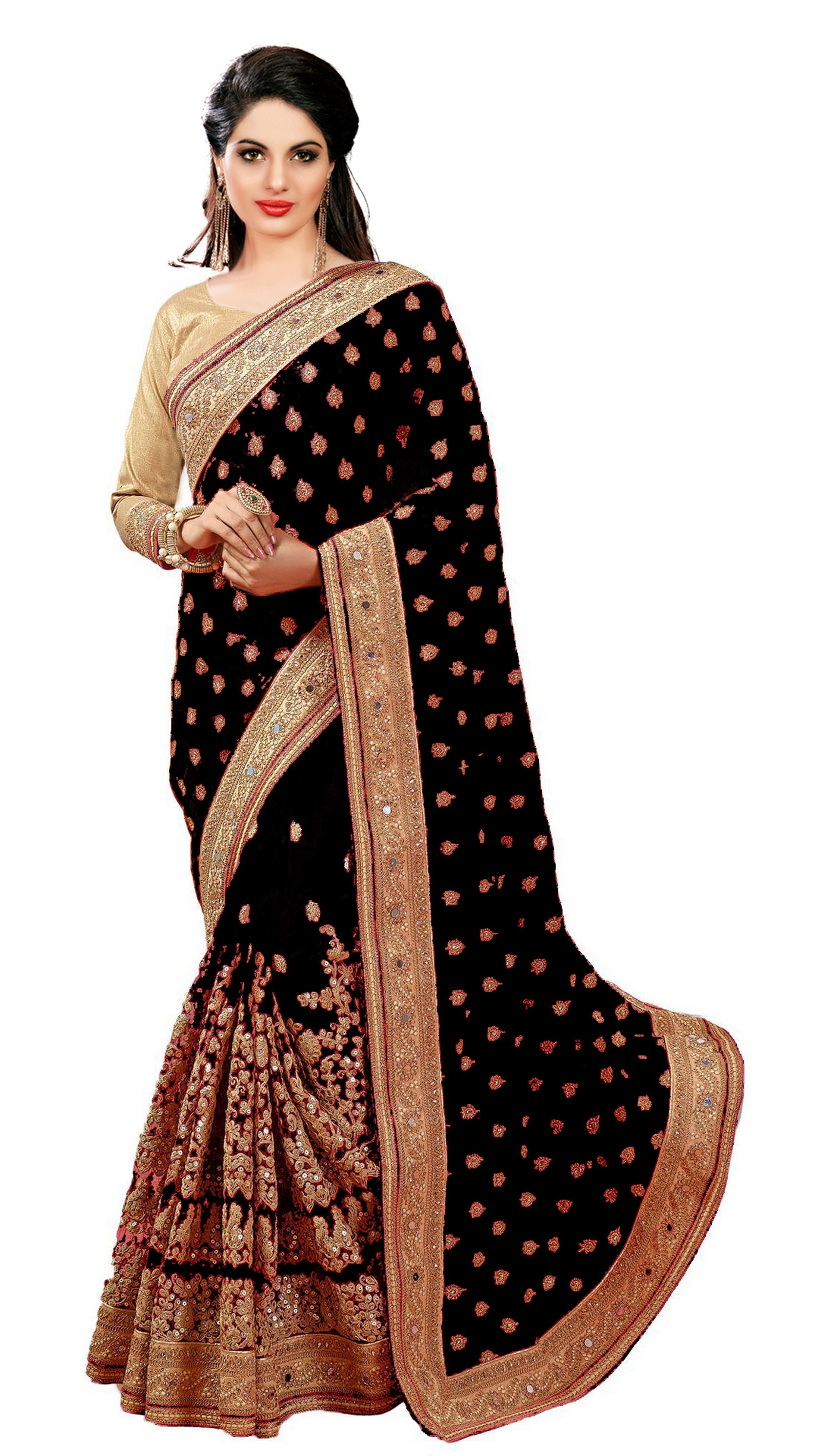 Satin & Net Half & Half Saree - 5.50 Meters With Dupion Silk Blouse Piece, Embroidered Mirror Work For Festive Occasions