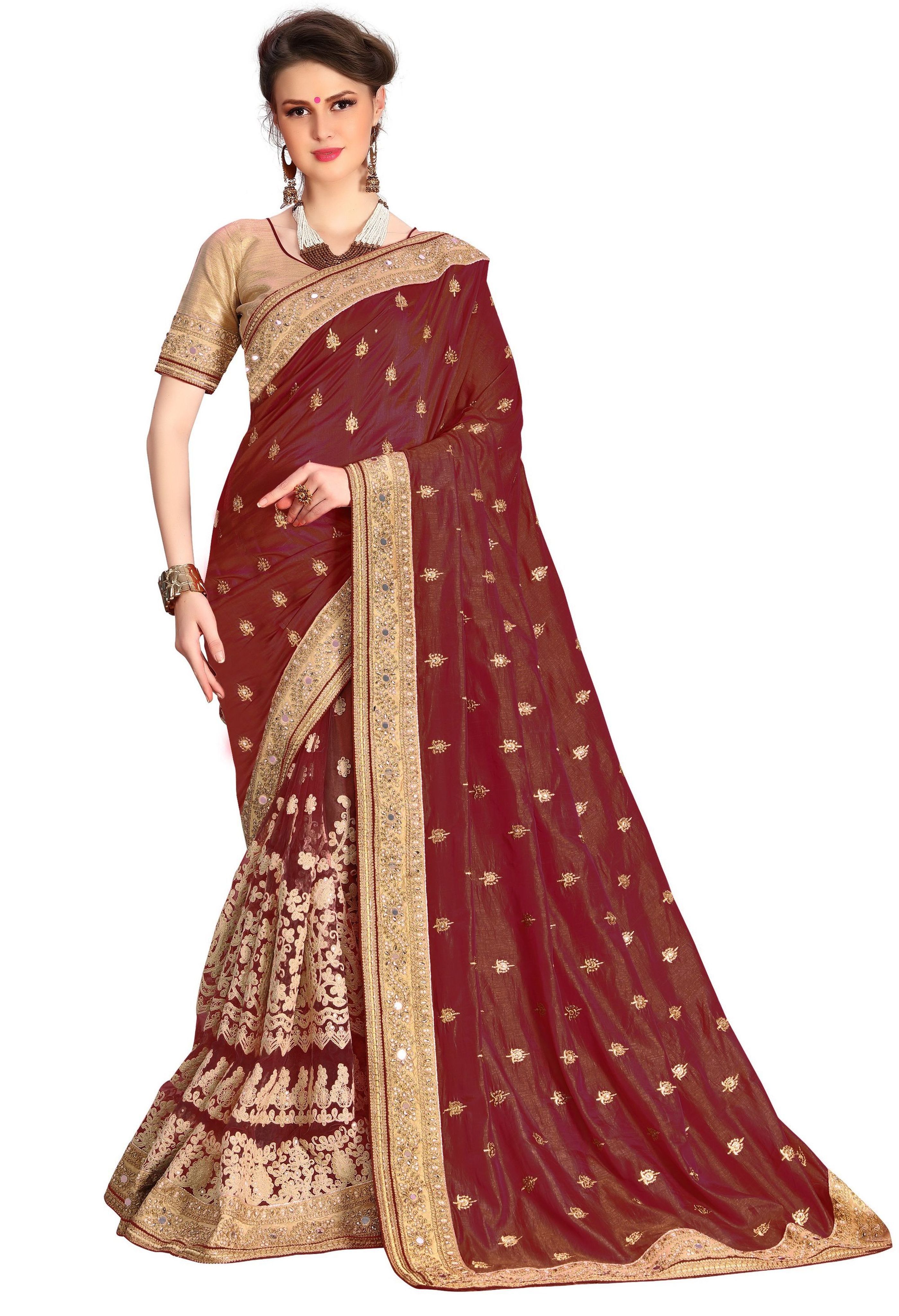 Satin & Net Half & Half Saree - 5.50 Meters With Dupion Silk Blouse Piece, Embroidered Mirror Work For Festive Occasions