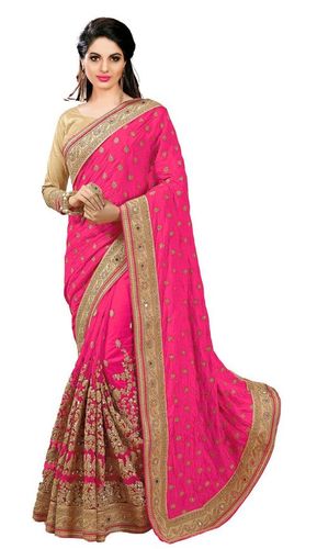 Blue Satin & Net Heavy Embroidery Design, Mirror Work Saree