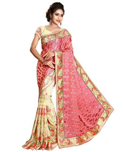 पिंक ब्रासो और जॉर्जेट एम्ब्रॉयडरी वर्क साड़ी