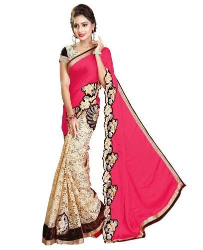 Green Satin & Rasal Net Embroidery Patch Work Saree