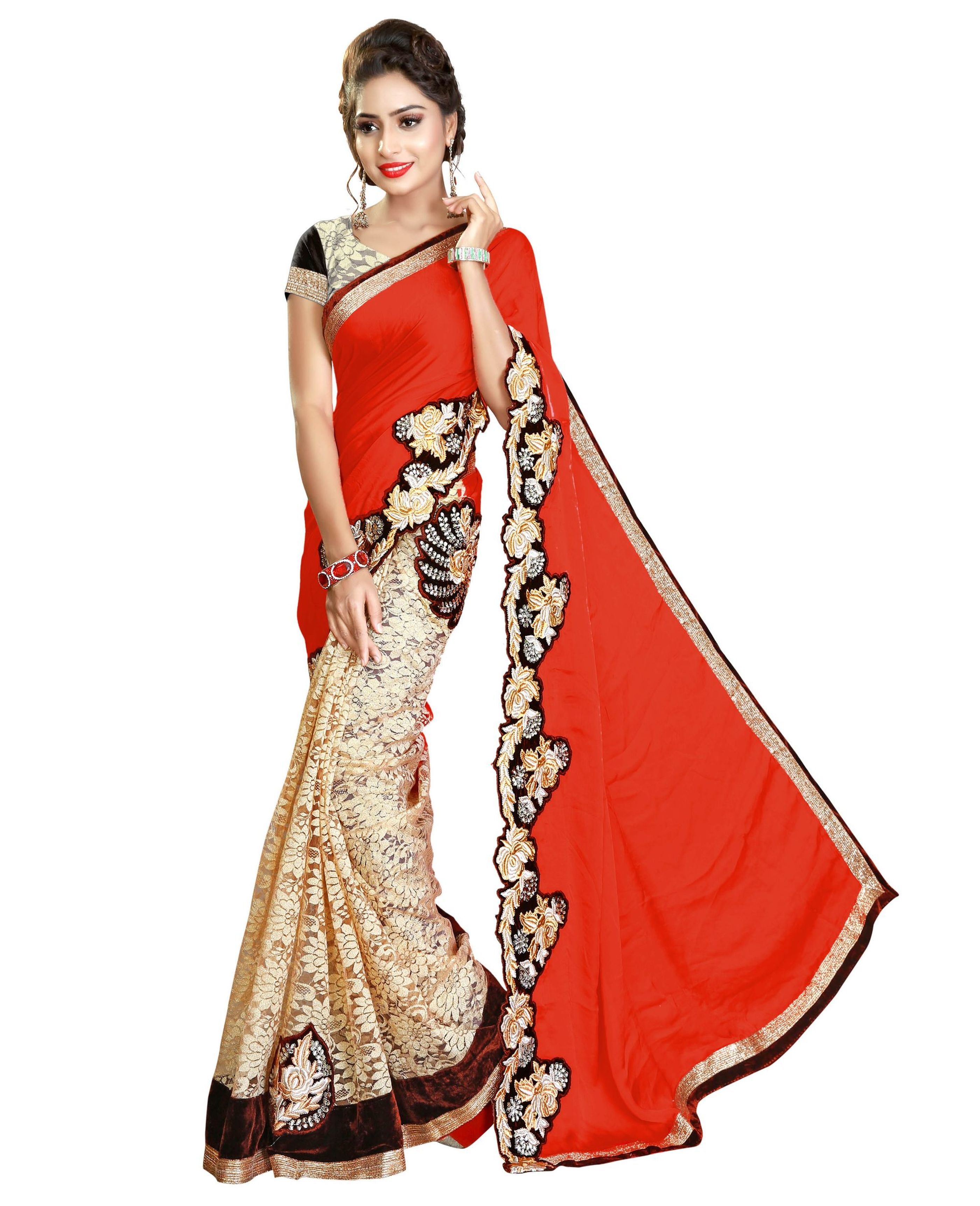 Green Satin & Rasal Net Embroidery Patch Work Saree