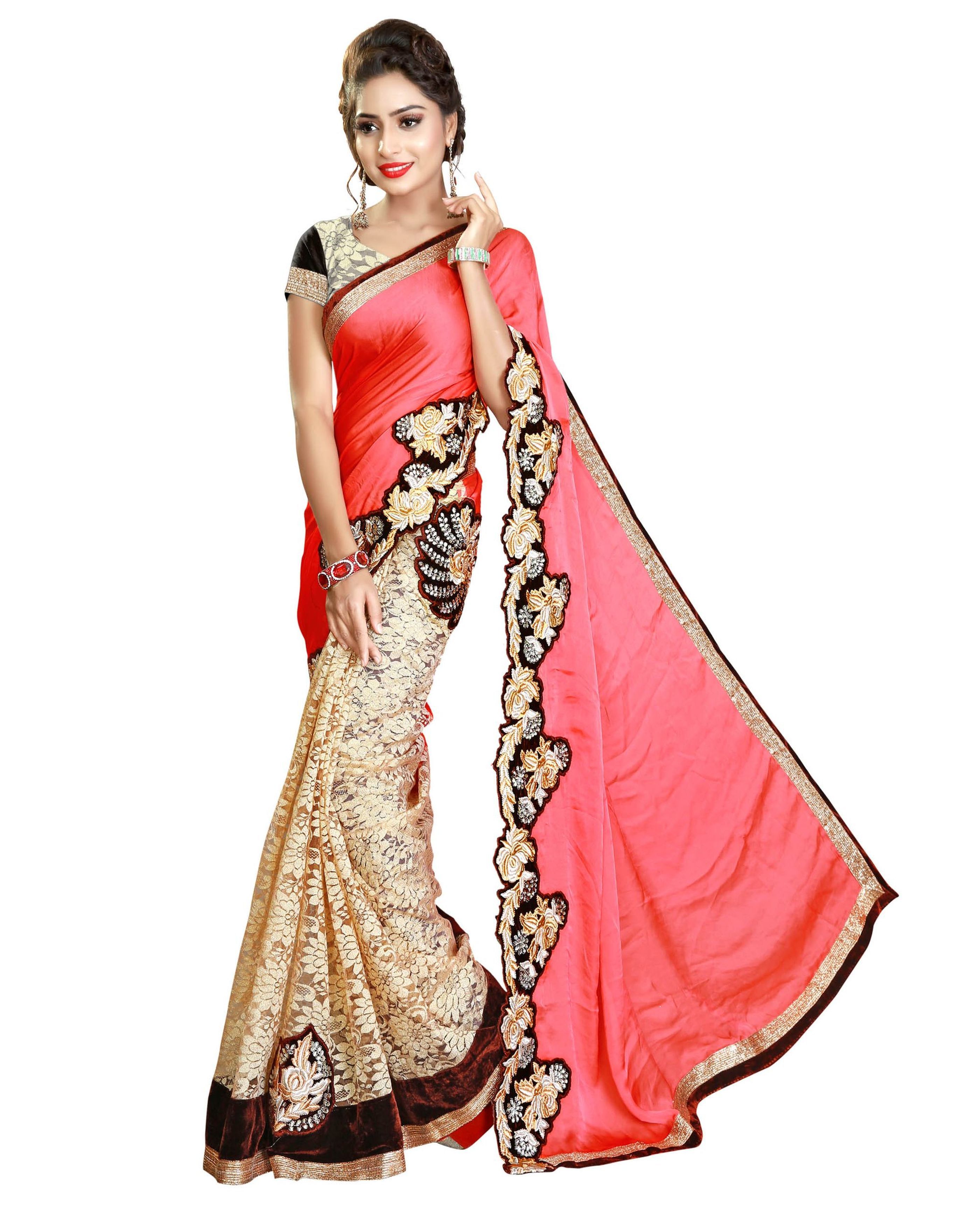 Green Satin & Rasal Net Embroidery Patch Work Saree