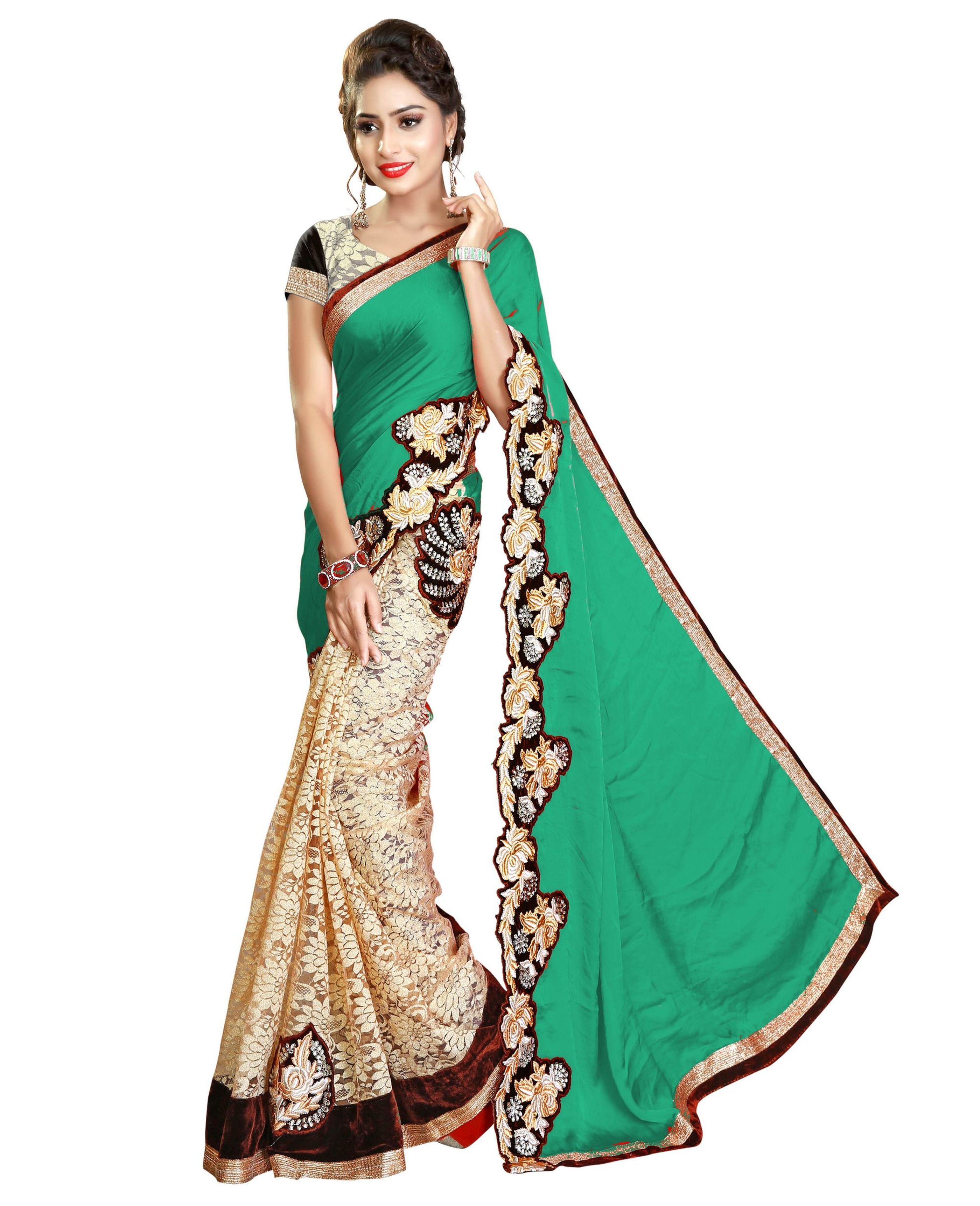 Green Satin & Rasal Net Embroidery Patch Work Saree