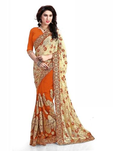 ब्लू ब्रासो और नेट एम्ब्रॉयडरी वर्क साड़ी