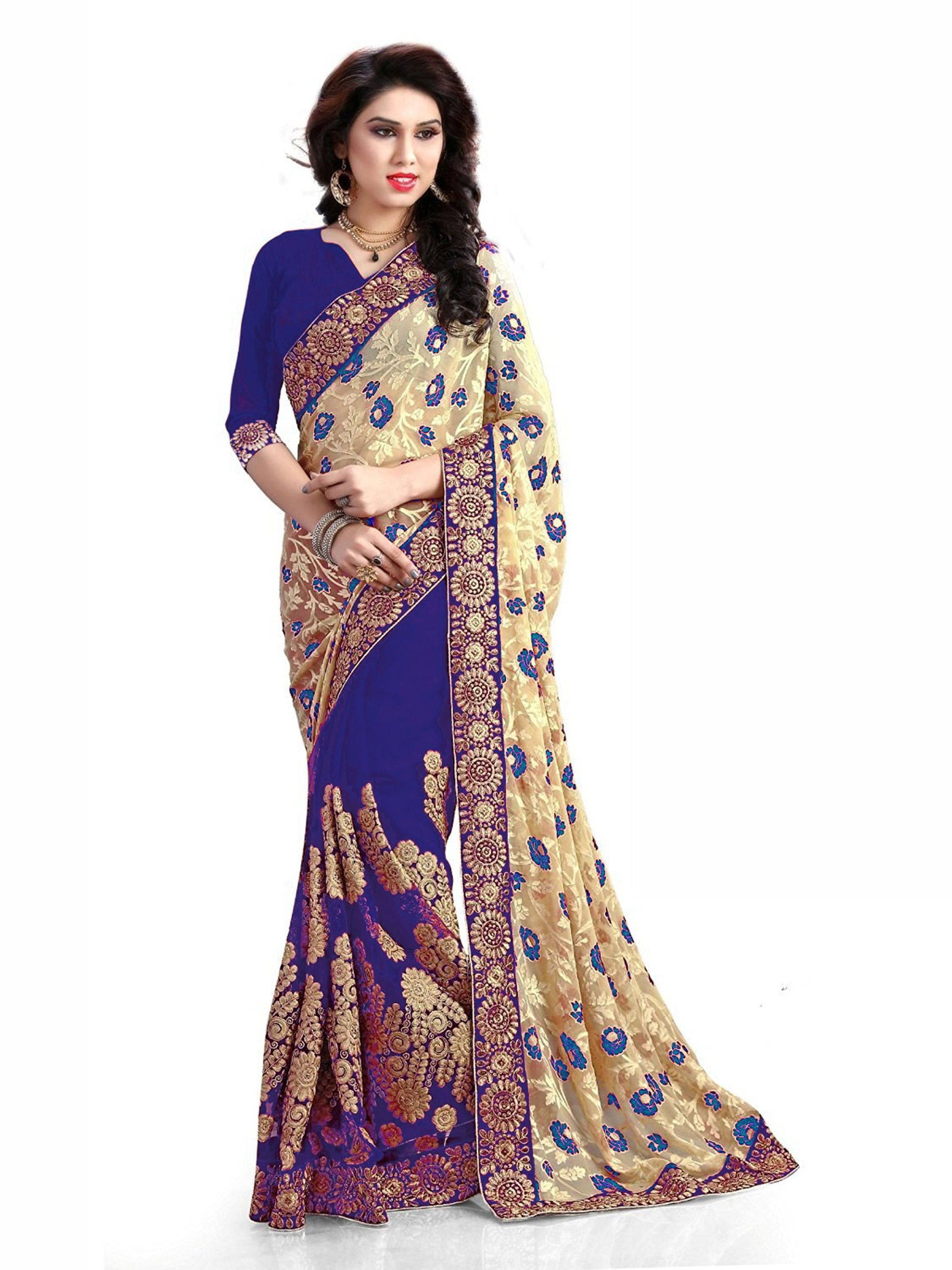 Blue Brasso & Net Embroidery Work Saree