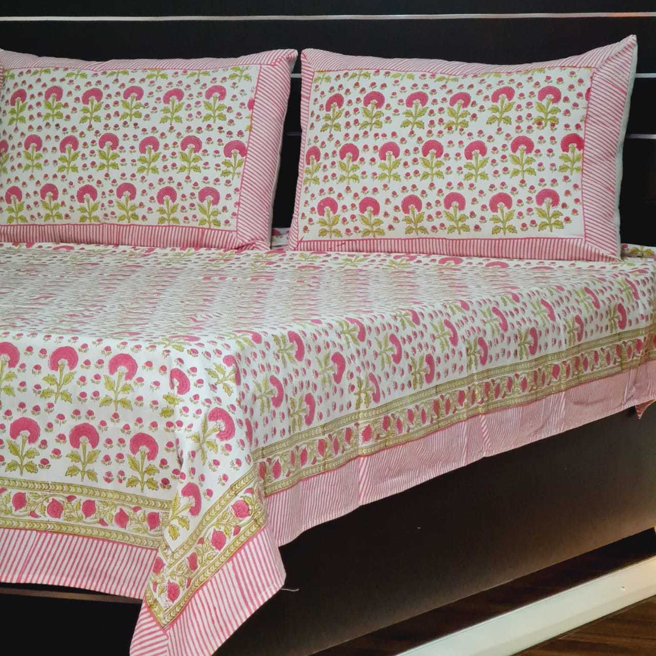 Hand Block Printed Bed Cover - 100% Cotton, 90x108 Queen Size | 220 Thread Count, Washable, Traditional Print