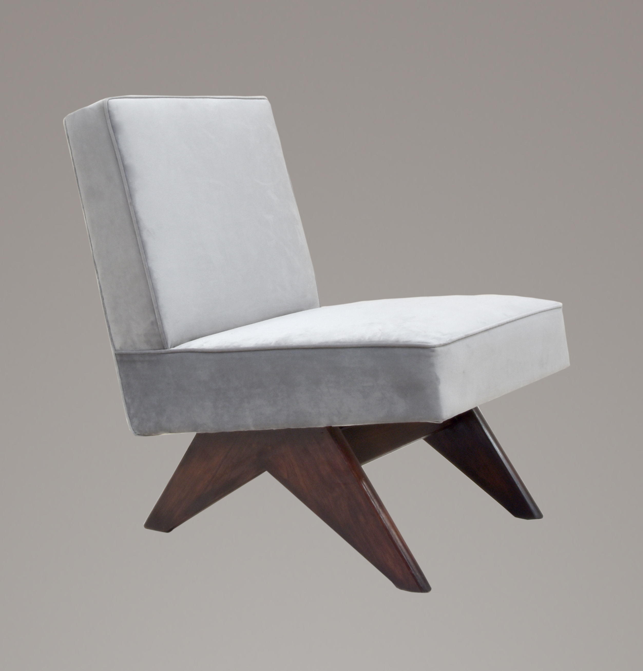 Pierre Jeanneret Upholstered Armless Lounge Chair - Teak Wood, 56x80x72 Cm | Handmade Suede Fabric, Indoor Living Room Furniture