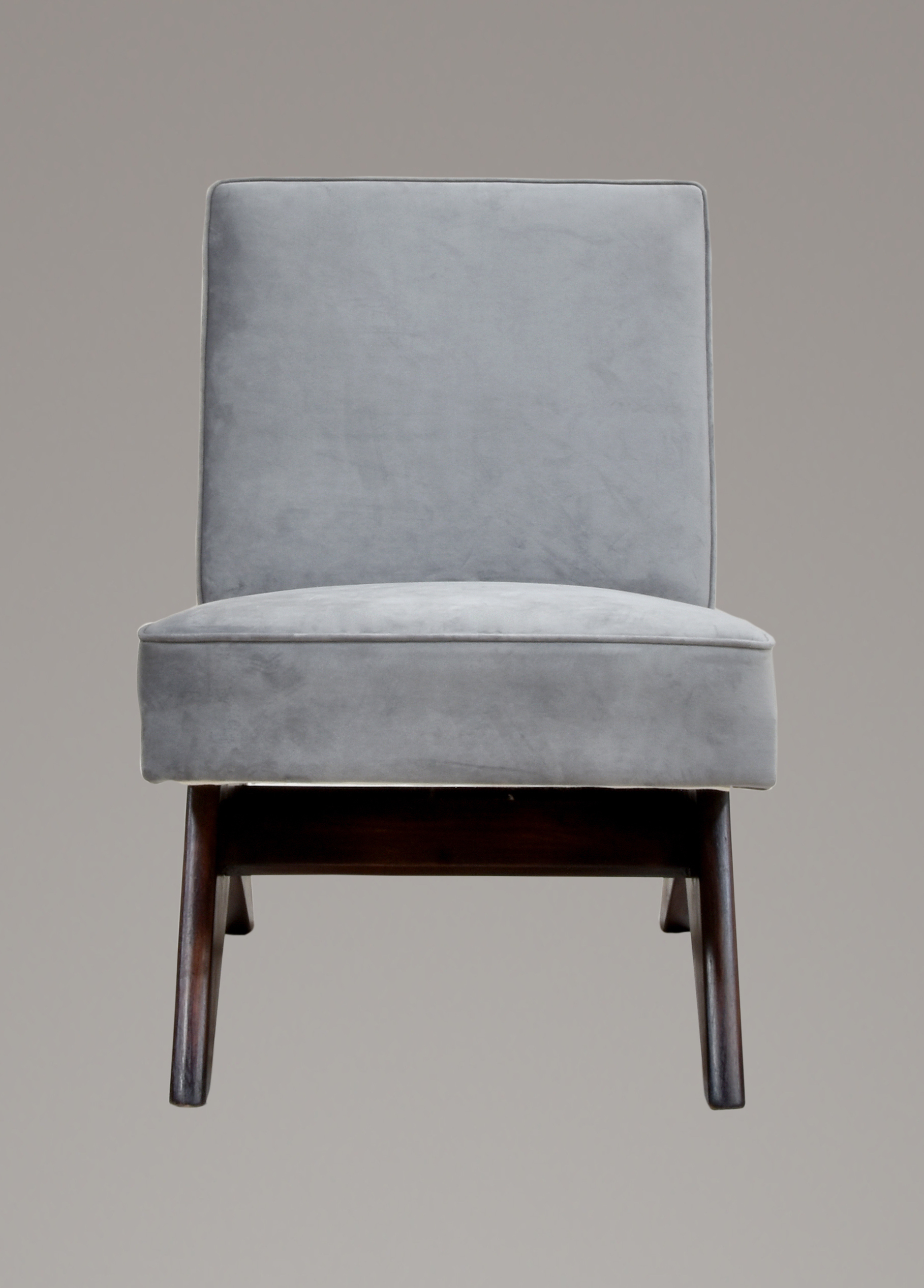 Pierre Jeanneret Upholstered Armless Lounge Chair - Teak Wood, 56x80x72 Cm | Handmade Suede Fabric, Indoor Living Room Furniture