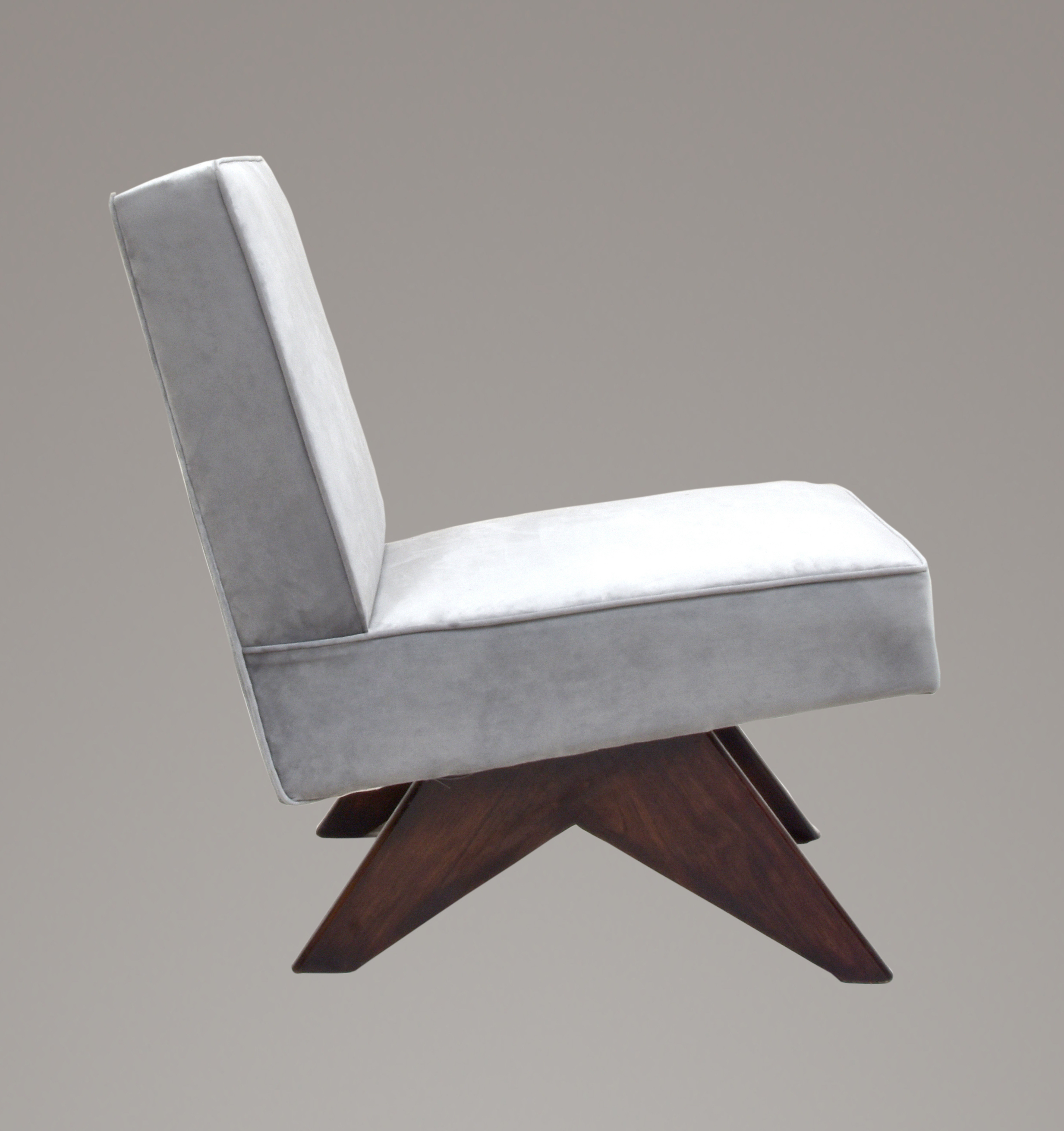 Pierre Jeanneret Upholstered Armless Lounge Chair - Teak Wood, 56x80x72 Cm | Handmade Suede Fabric, Indoor Living Room Furniture