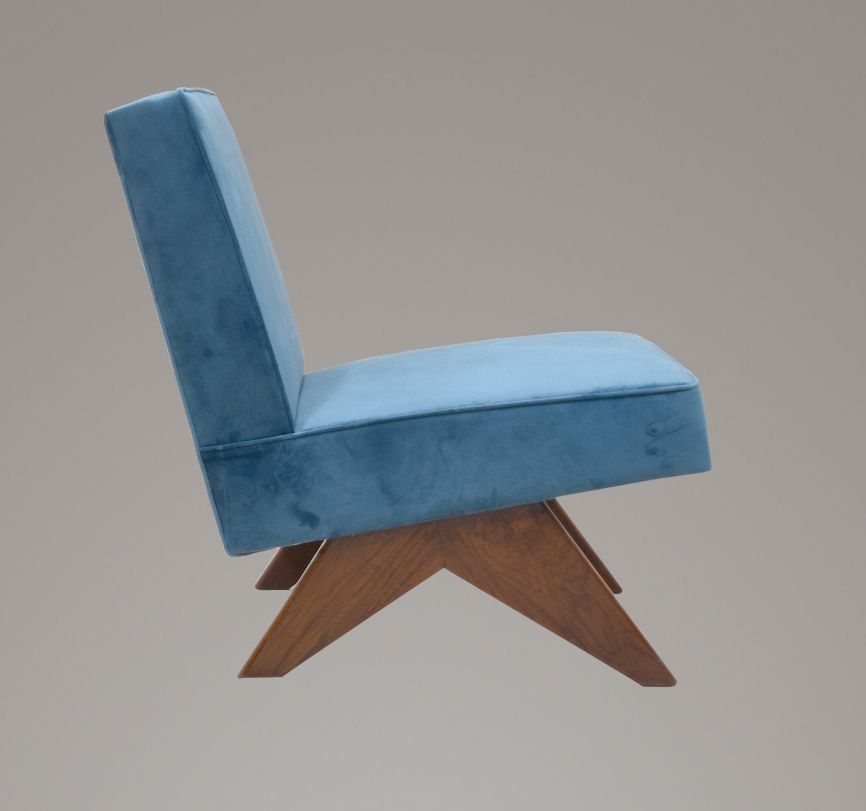 Pierre Jeanneret Upholstered Armless Lounge Chair - Teak Wood, 56x80x72 Cm | Handmade Suede Fabric, Indoor Living Room Furniture