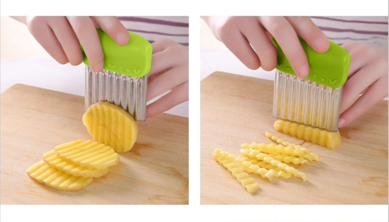 Potato Cutter - 430 Stainless Steel, 9.5 X 8.2 X 2.7 Cm, Yellow | Multiple Blades, Ergonomic Non-slip Grip, Rustproof Design, Wave-patterned Slicer
