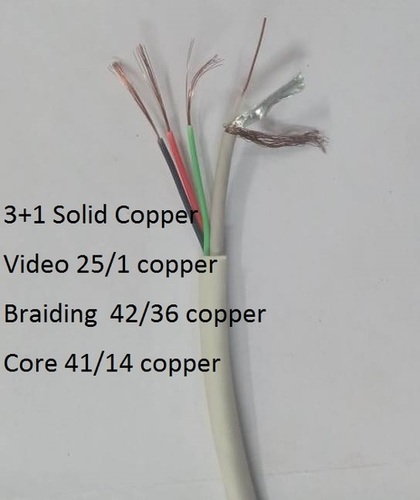 CCTV Solid Copper Camera Cable - 3+1 Solid Copper Structure, 5mm Size, White Color, PVC/HDPE Insulation, Ideal for Data and Video Transfer