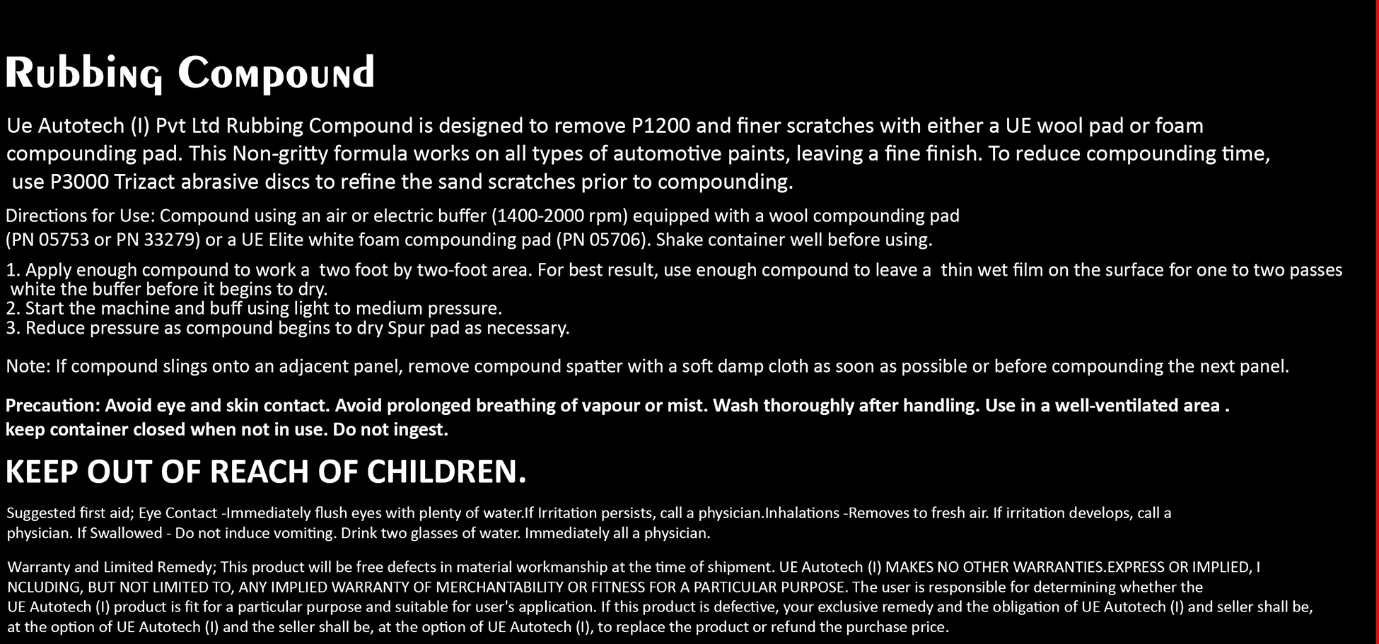 Ue Rubbing Compound - Mineral And Chemical Blend Liquid, 200 Ml, 1 Ltr & 5 Ltr | Removes Stubborn Stains, Heavy Oxidation Marks, Fine Scratch Removal