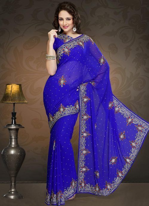 Royal Blue Georgette Border Work Saree