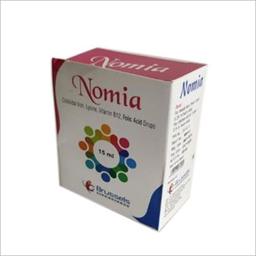 नोमिया ड्रॉप सामग्री: कोलाइडल आयरन 25Mg+ लाइसिन Hcl 200Mg+Vit.B12 5Up+फोलिक एसिड 200Up