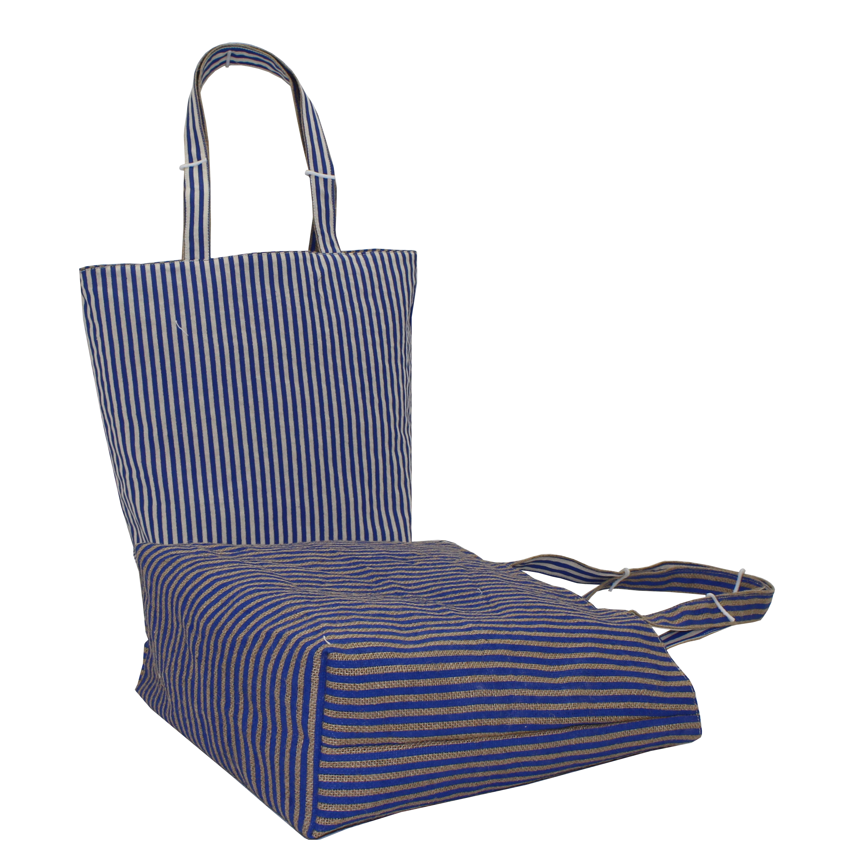 Jute Cotton Reversible Tote Bag - 33h X 40w X 12cm Dimensions, Striped Print, Eco-friendly Material, 250 Grams Weight, Customizable Design, 10kg Capacity