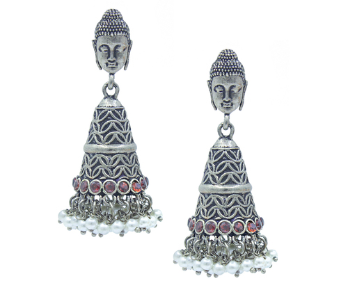 Jhumka Earrings - Oxidised Silver Plated, Elegant Red Design with Traditional Charm
