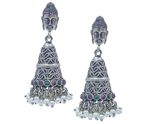 Jhumka Oxidised Earrings - Silver, Multi Colour | Handcrafted Bell-Shaped Design with Intricate Filigree Work, Perfect for Ethnic and Fusion Wear