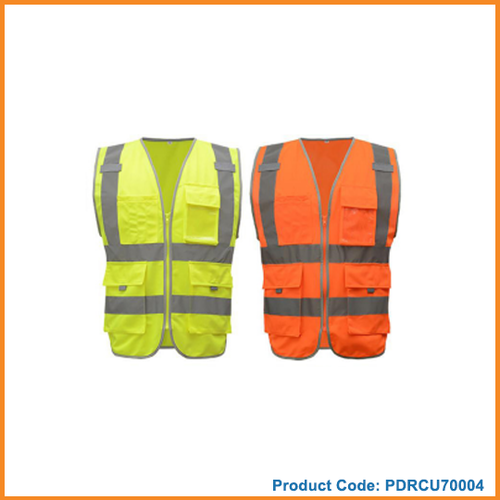 Reflective Safety Vest - Polyester, One Size, Orange | EN 471 Compliance, High Visibility 3M Reflective Tape, Multiple Pockets, Zipper Closure