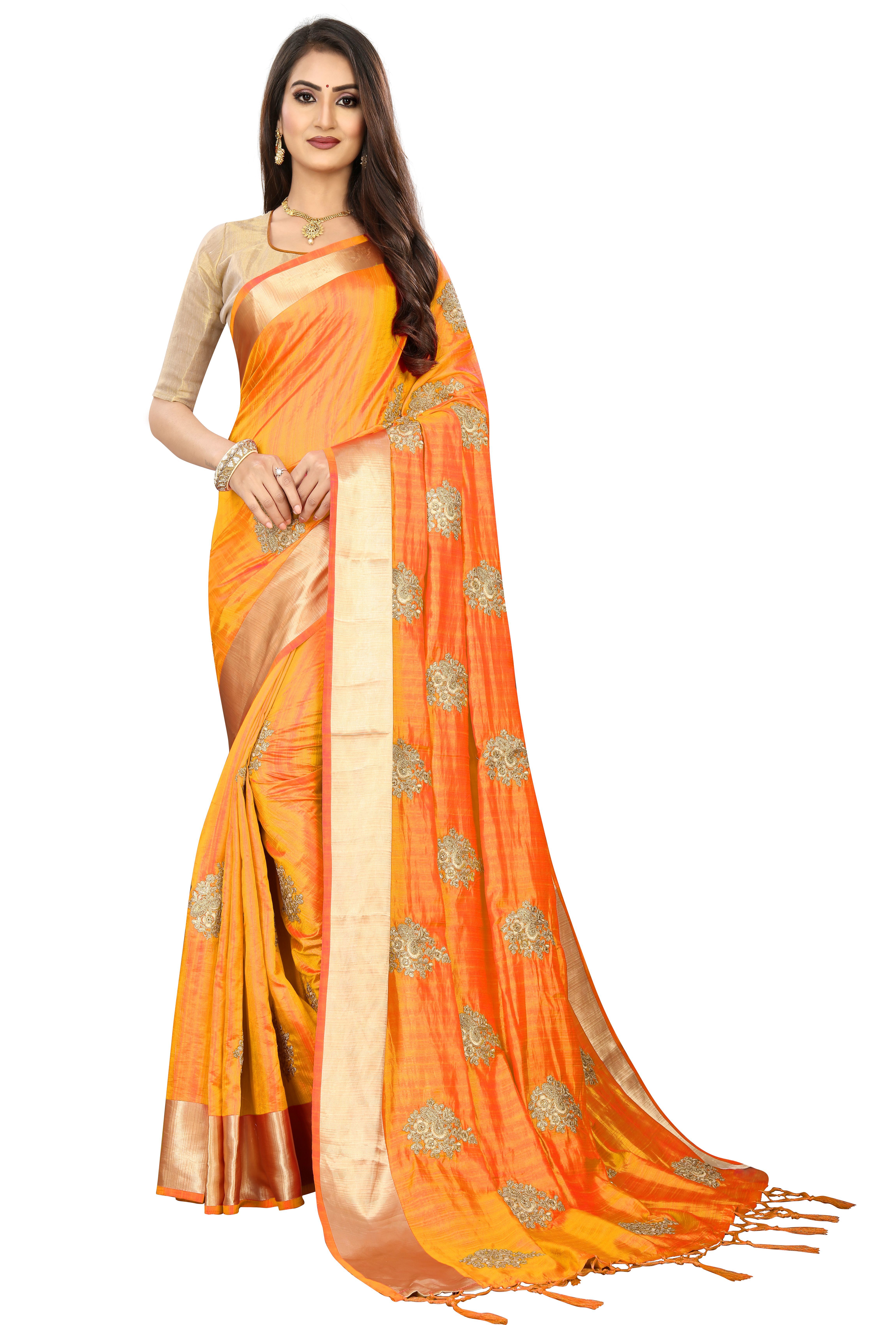 Orange Silk Embroidery Saree