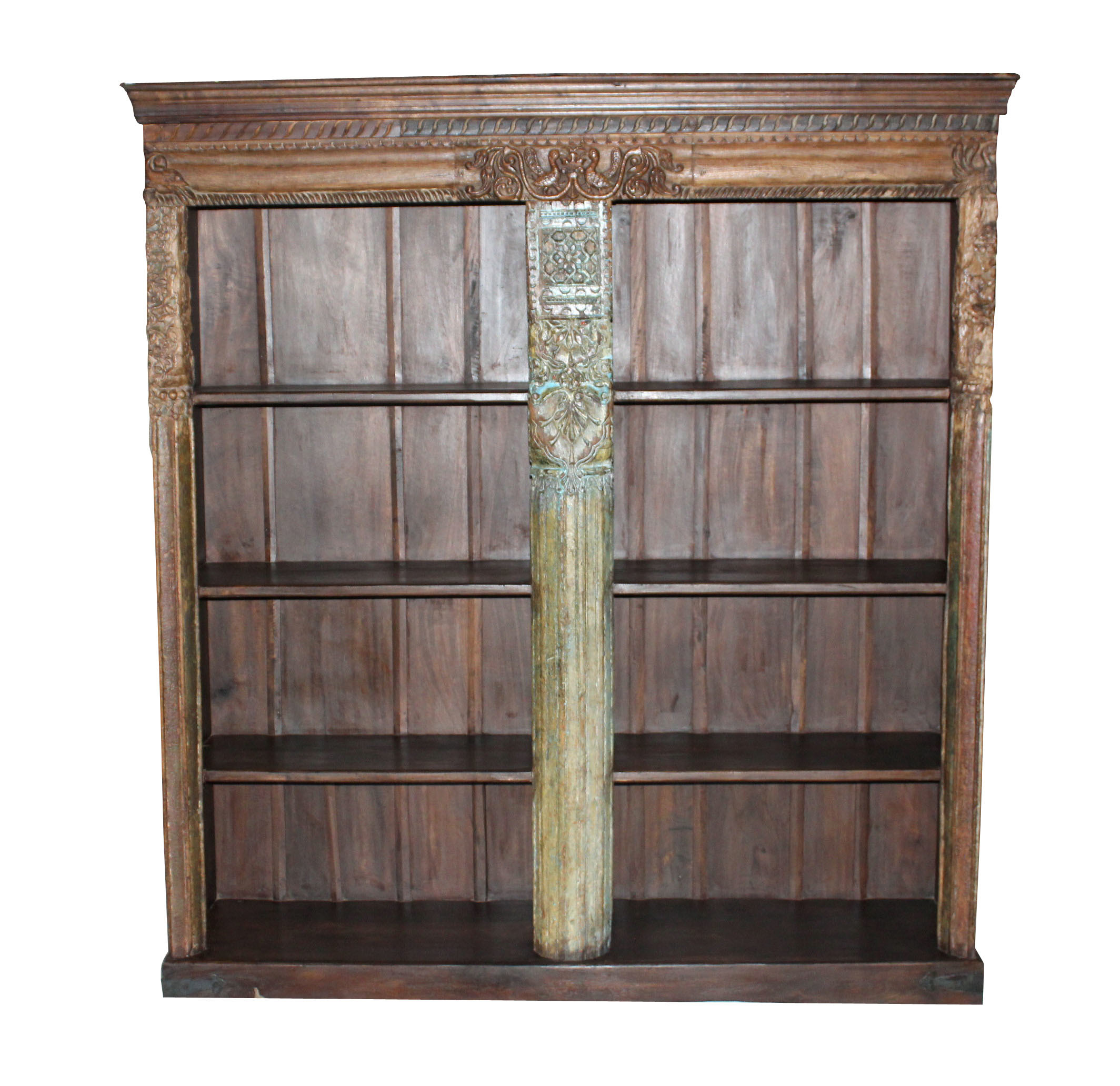 Rustic Wooden Carved Pillar Bookshelf - Recycled Wood, Double Shelf Design With Antique Finish | Classic Appearance, Custom Sizes Available, Inquire For Color Options