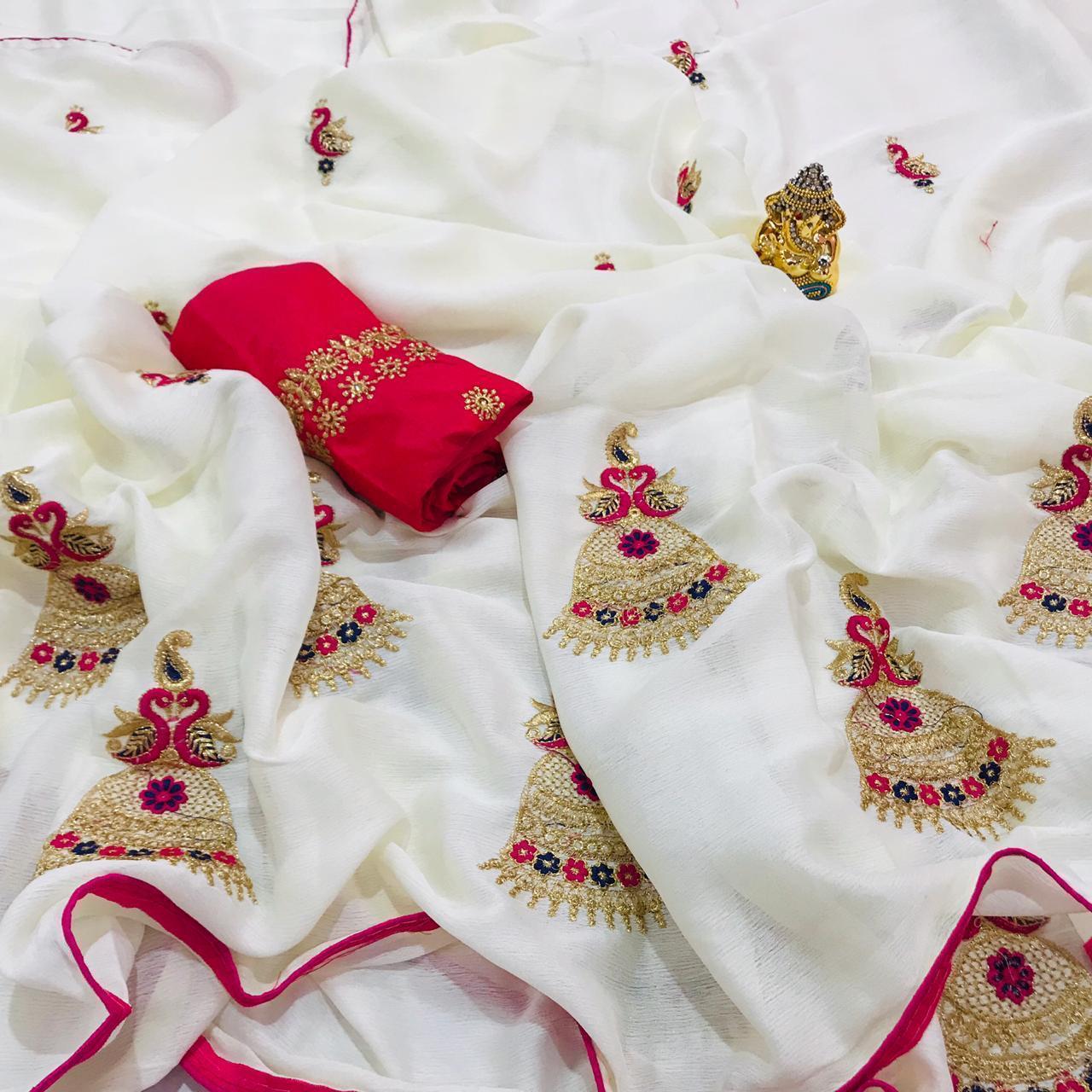Jhumka Saree - Georgette 60 Garam, White Embroidered Saree With Bangalore Silk Blouse | Ethnic Design, Breathable, Washable, All Season, Customized Size