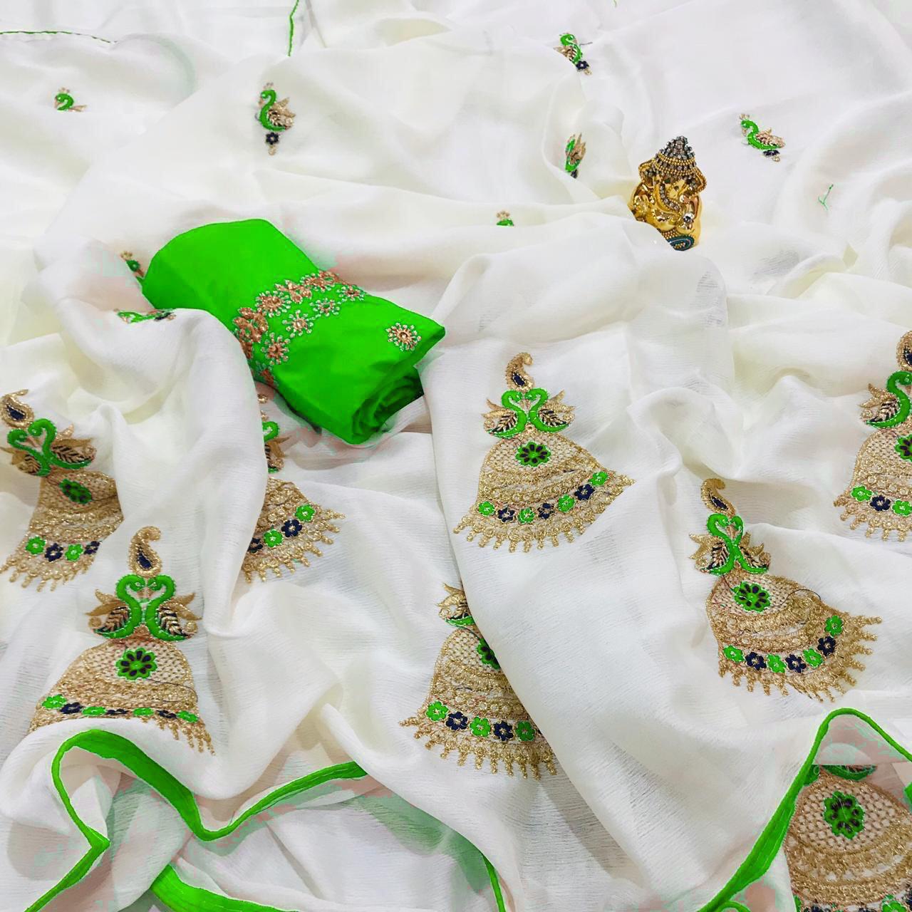Jhumka Saree - Georgette 60 Garam, White Embroidered Saree With Bangalore Silk Blouse | Ethnic Design, Breathable, Washable, All Season, Customized Size