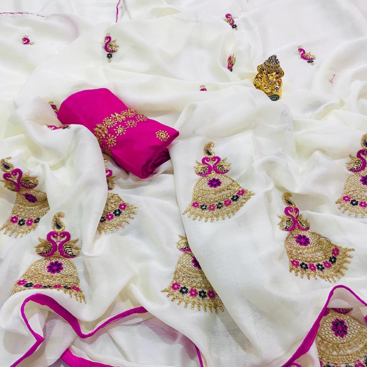 Jhumka Saree - Georgette 60 Garam, White Embroidered Saree With Bangalore Silk Blouse | Ethnic Design, Breathable, Washable, All Season, Customized Size